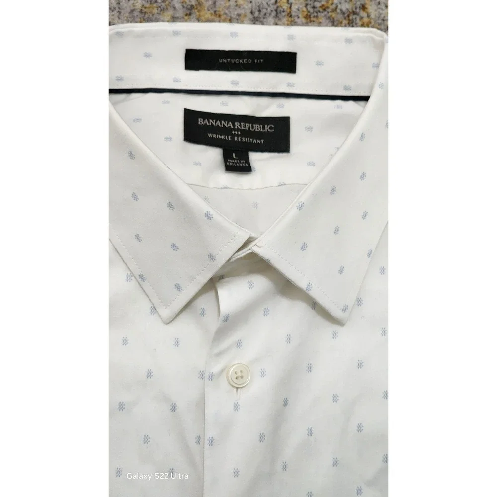 Banana Republic Men's White Blue Wrinkle Resistant Untucked Fit LS Shirt Size L